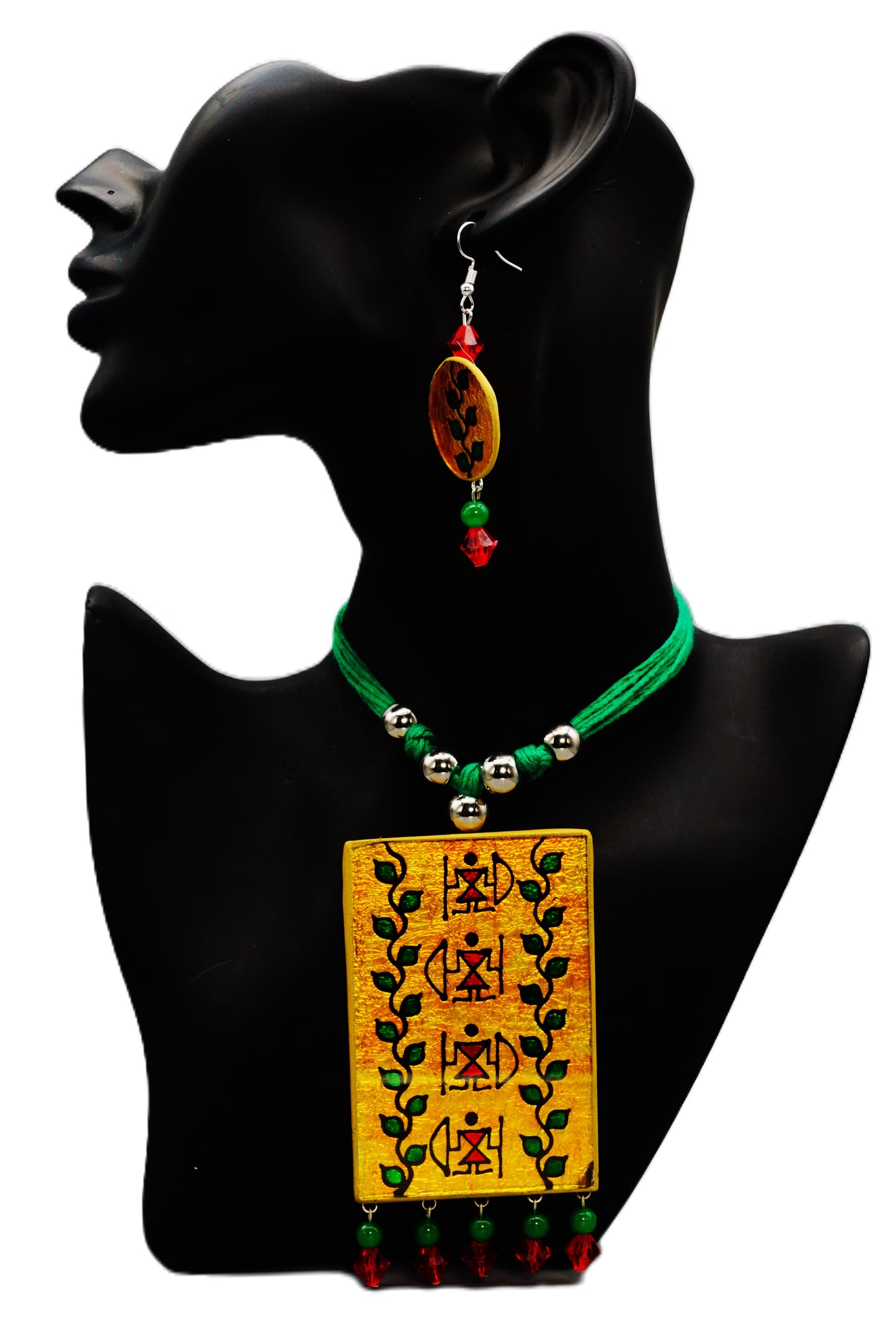 Painted Glass Necklace and Earrings With Traditional Art