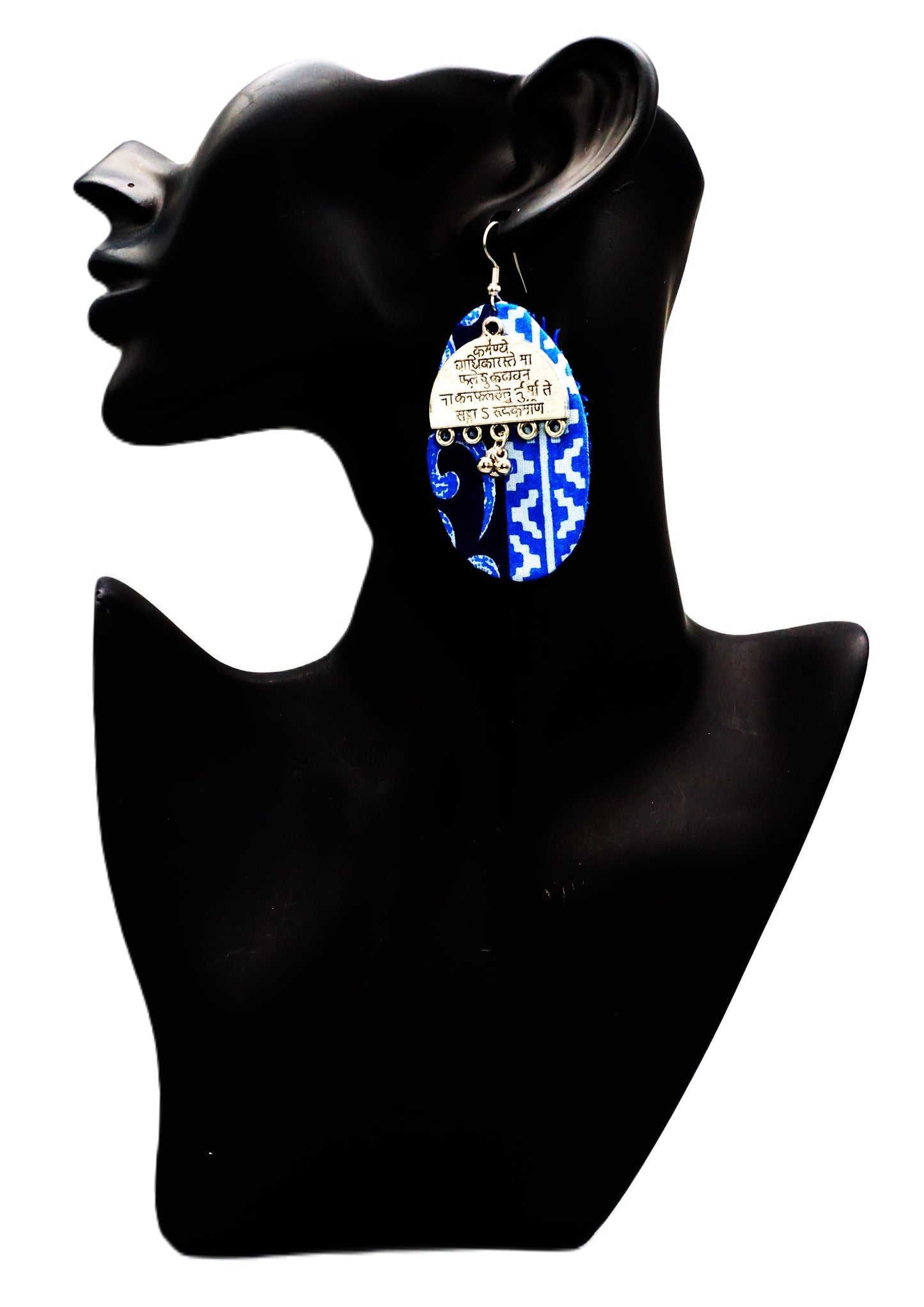 German Silver Oxidized Handloom Blue Fabric Earrings