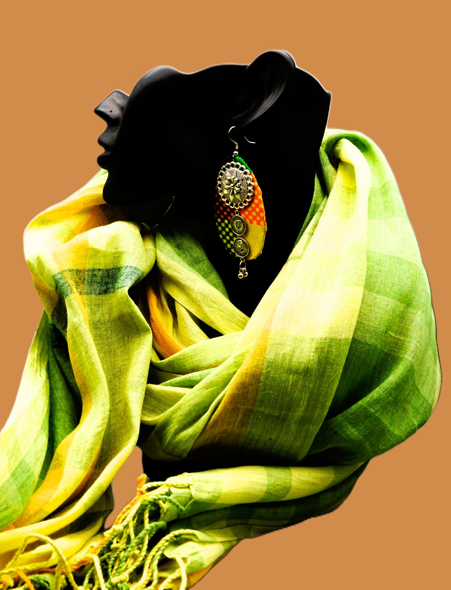 Hemp Scarf/stole with Tassels - Green and yellow checks