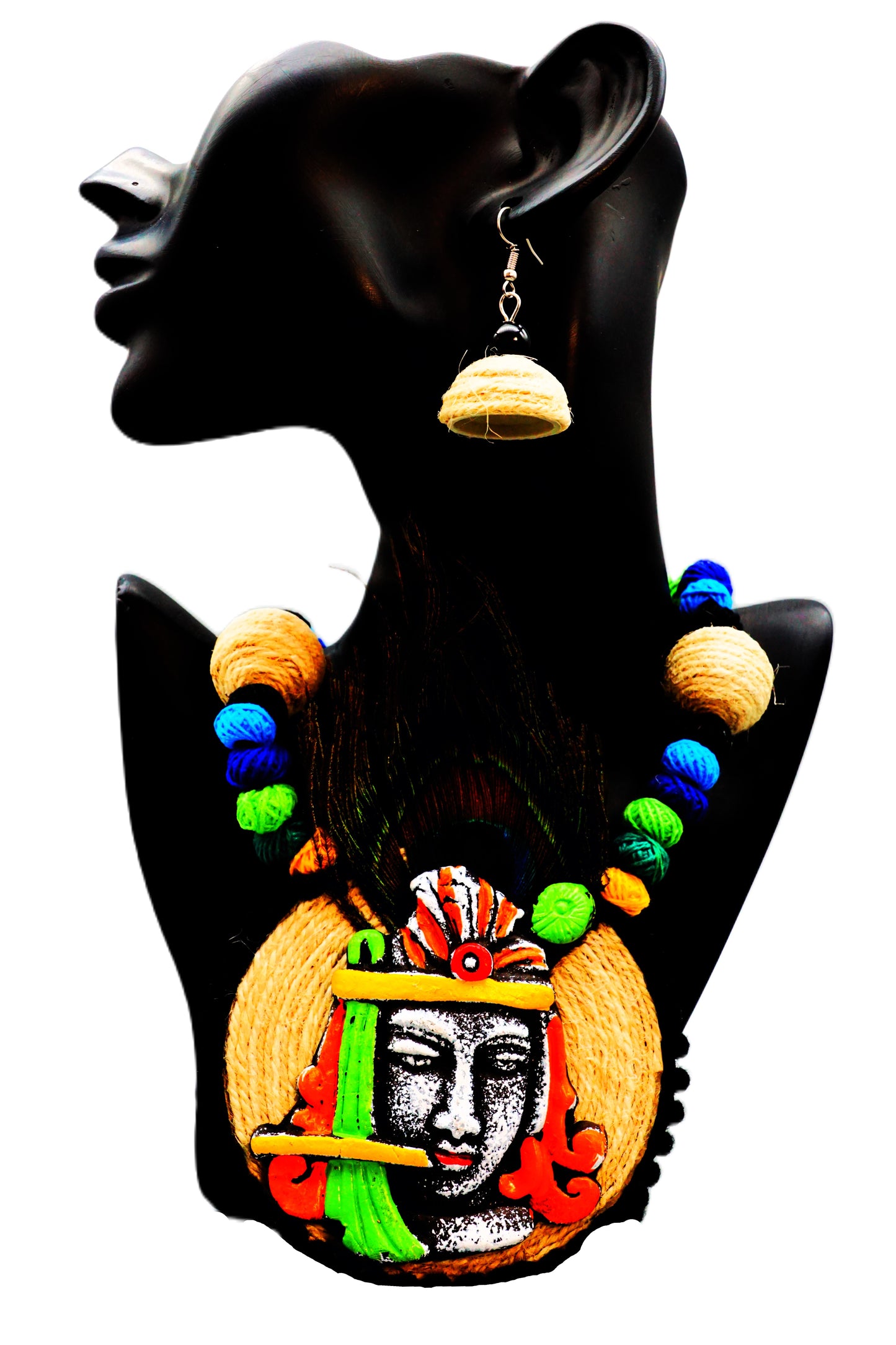Fabric, Jute and Terracotta Circle Locket. Krishna Ethnic Traditional Pendant Jewelry Necklace with Earring Set