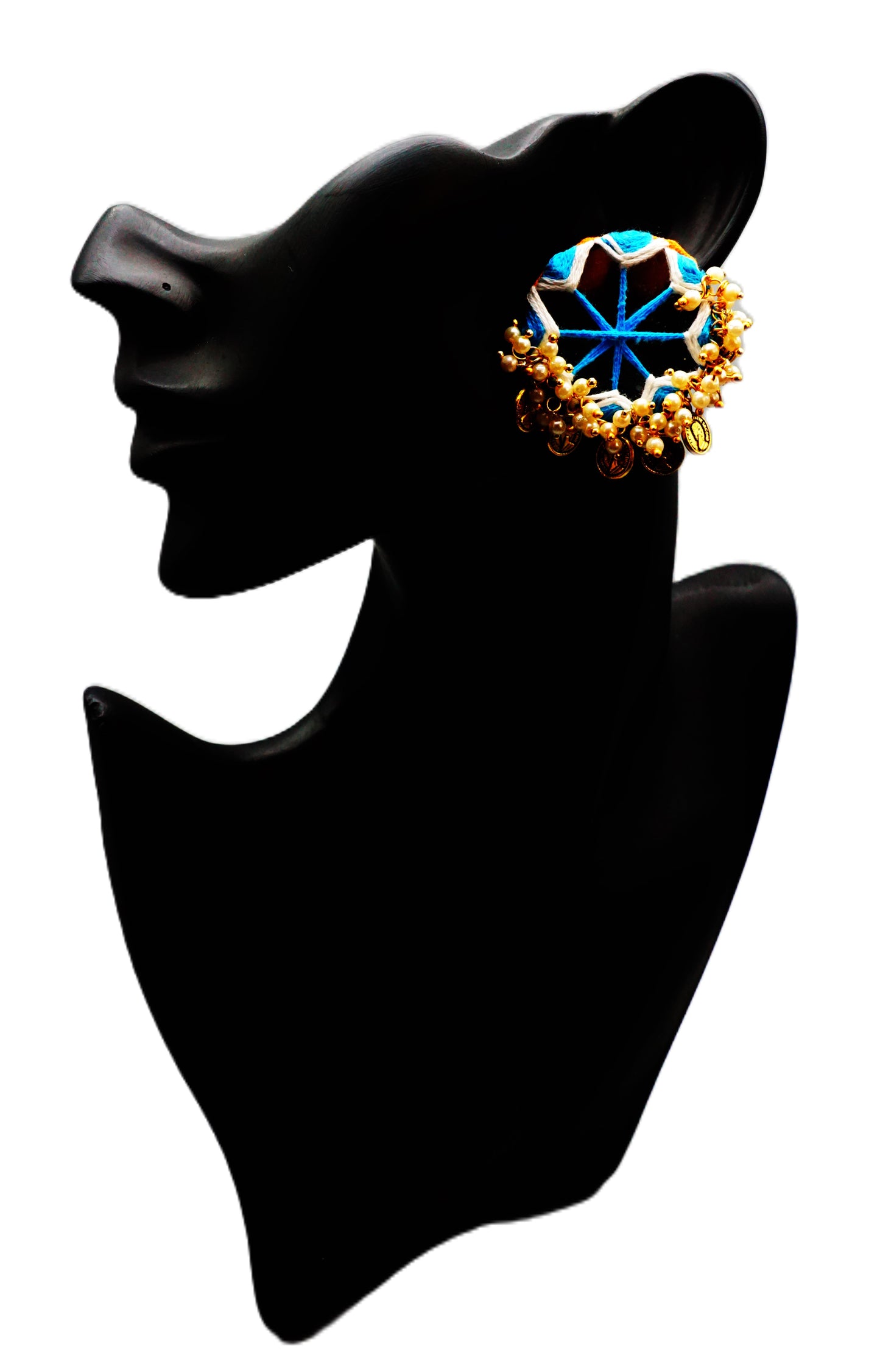 Pearl, Mirror, coin And Thread Work Designer Earring - Blue