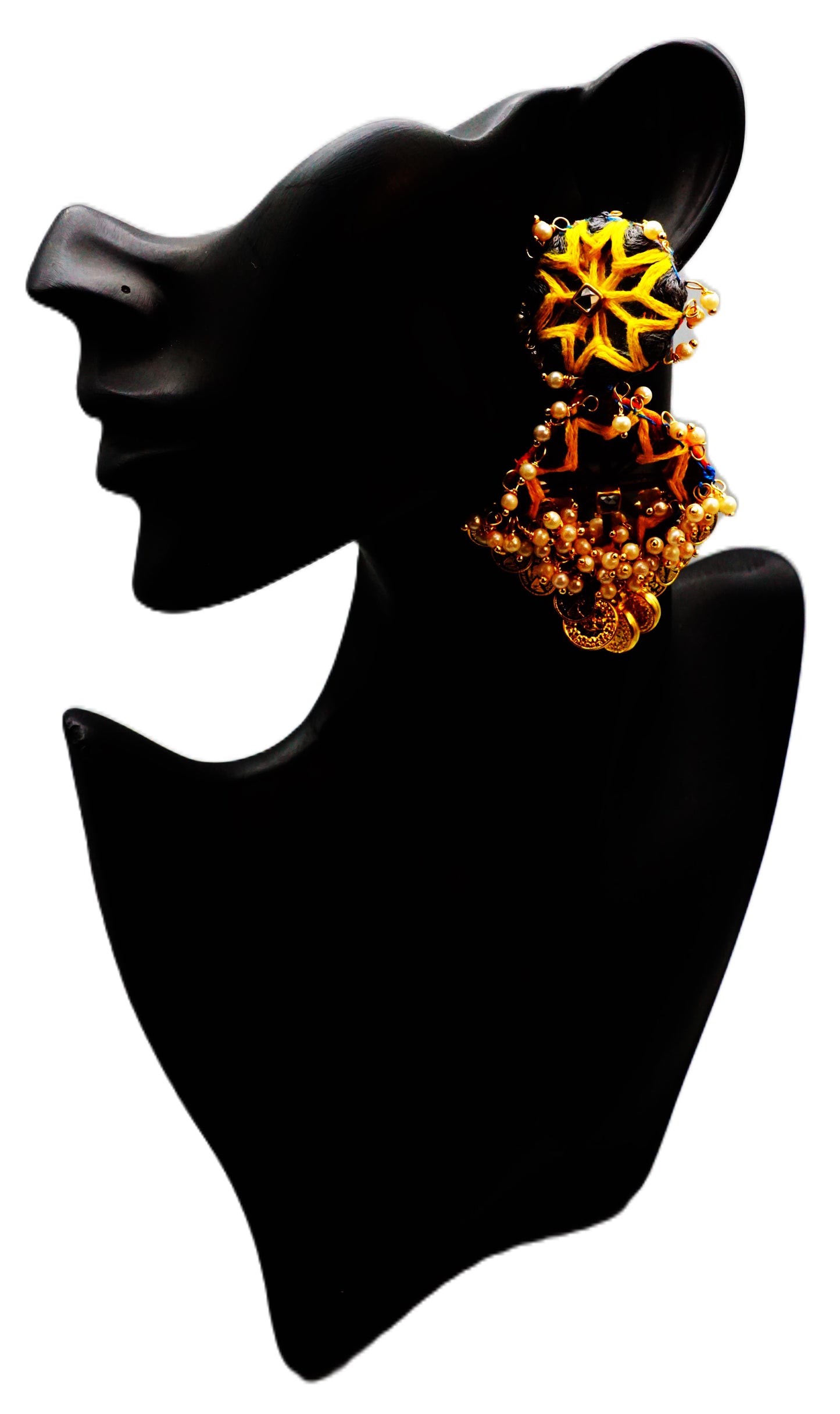 Pearl, Mirror, coin And Thread Work Designer Earring - Black & Gold