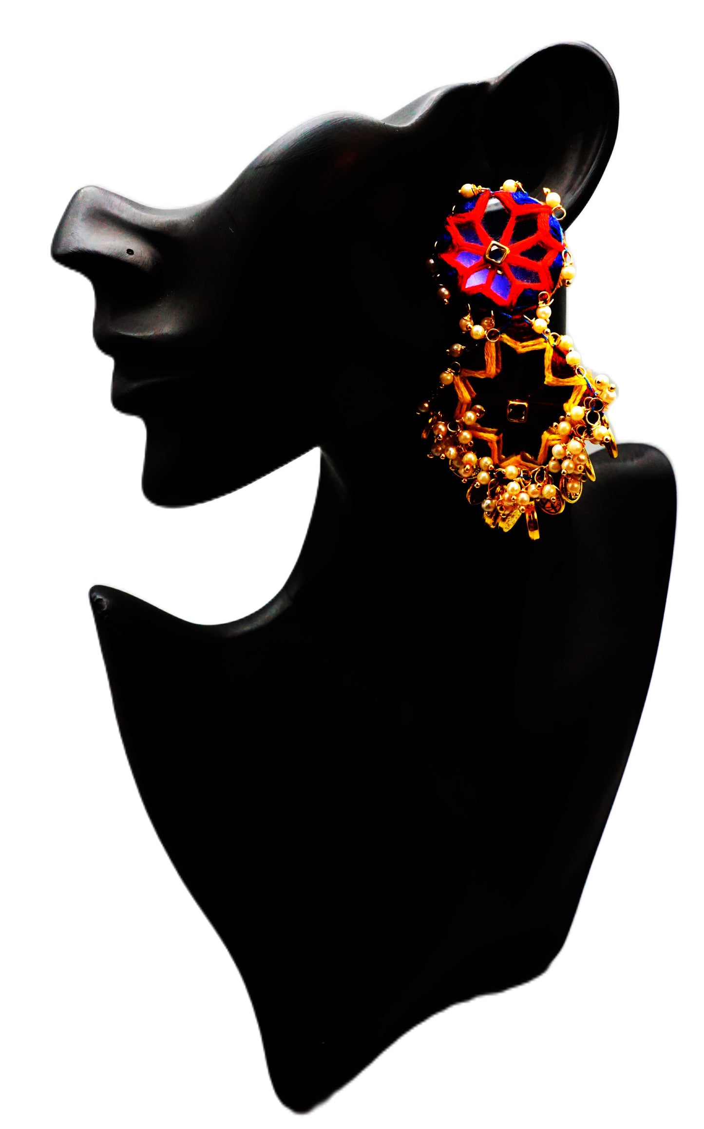 Pearl, Mirror, coin And Thread Work Designer Earring - Red