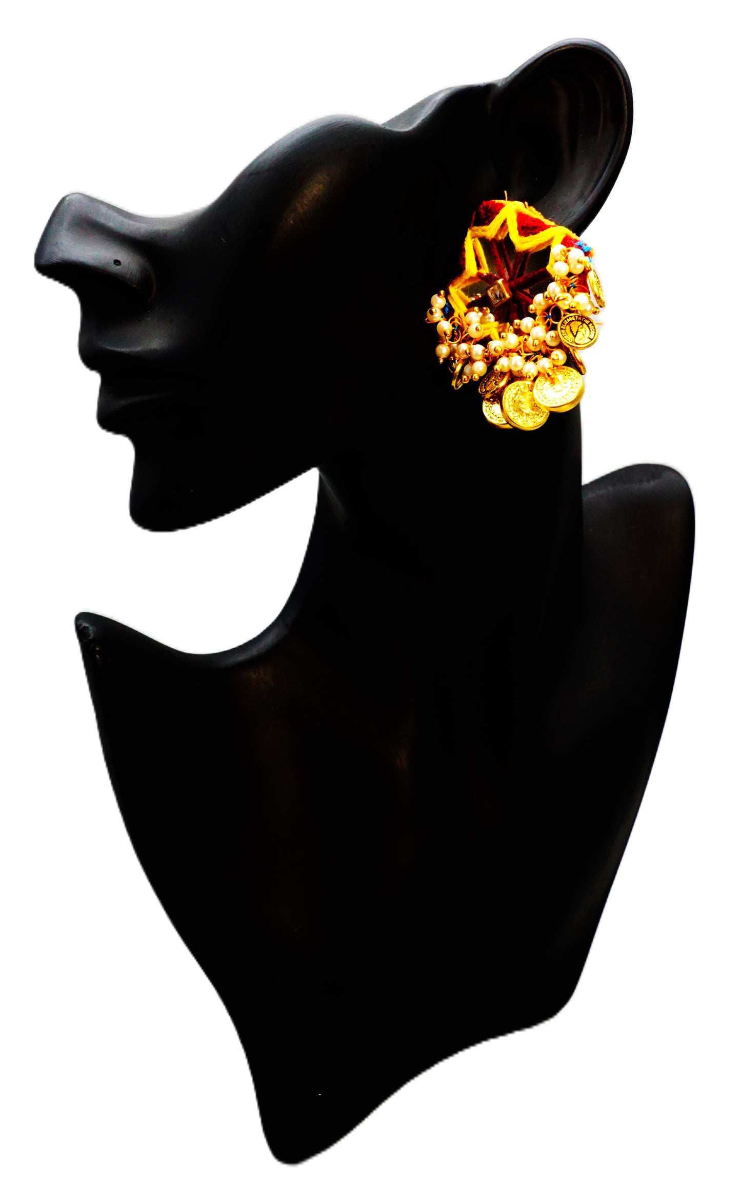 Pearl, Mirror, coin And Thread Work Designer Earring - Yellow