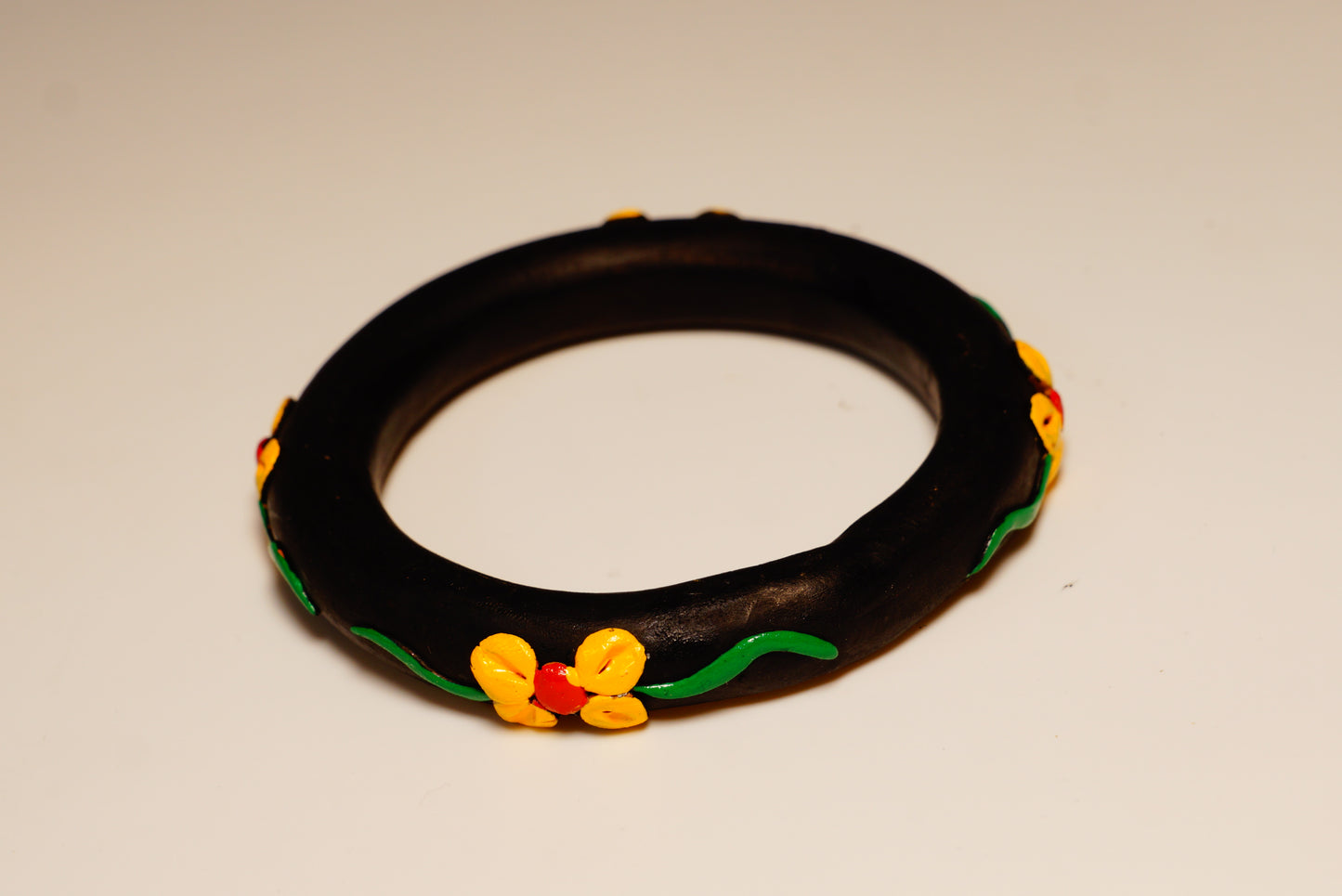 Handcrafted Terracotta Black Color yellow Floral Bangle