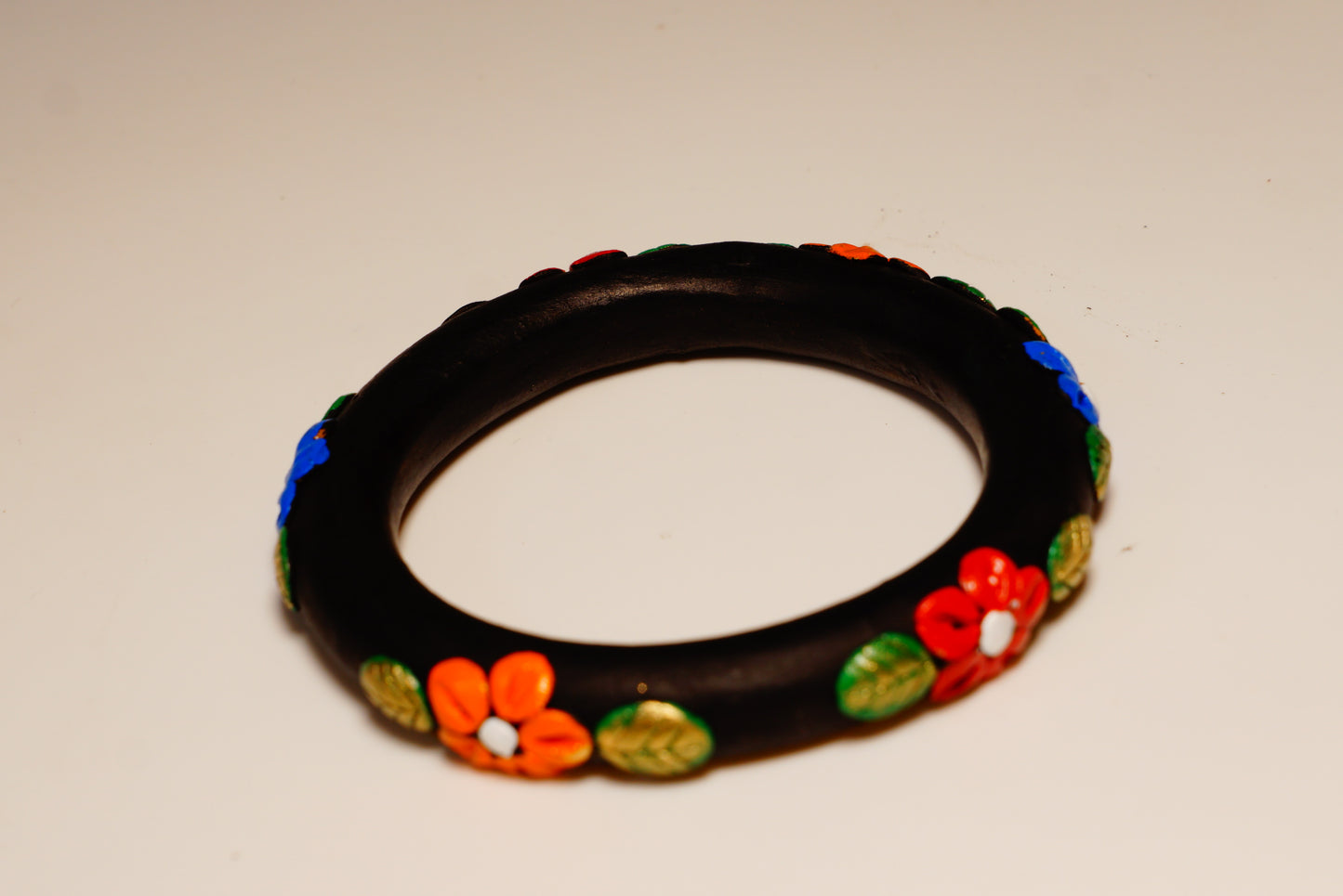 Handcrafted Terracotta Black Color Pink Floral Bangle