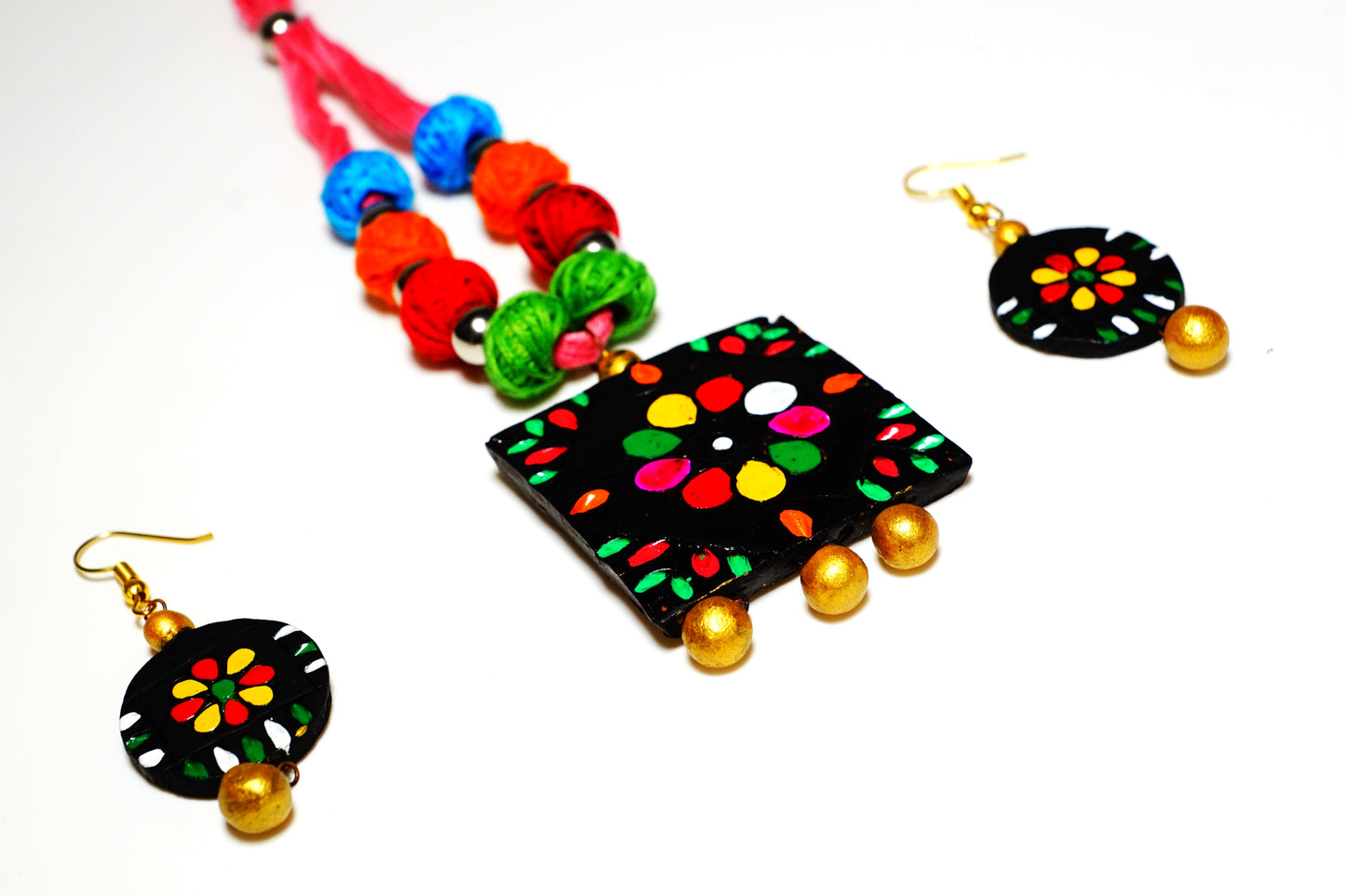 Terracotta Necklace Set with Earrings | Black Square Pendent with multicolor flowers |