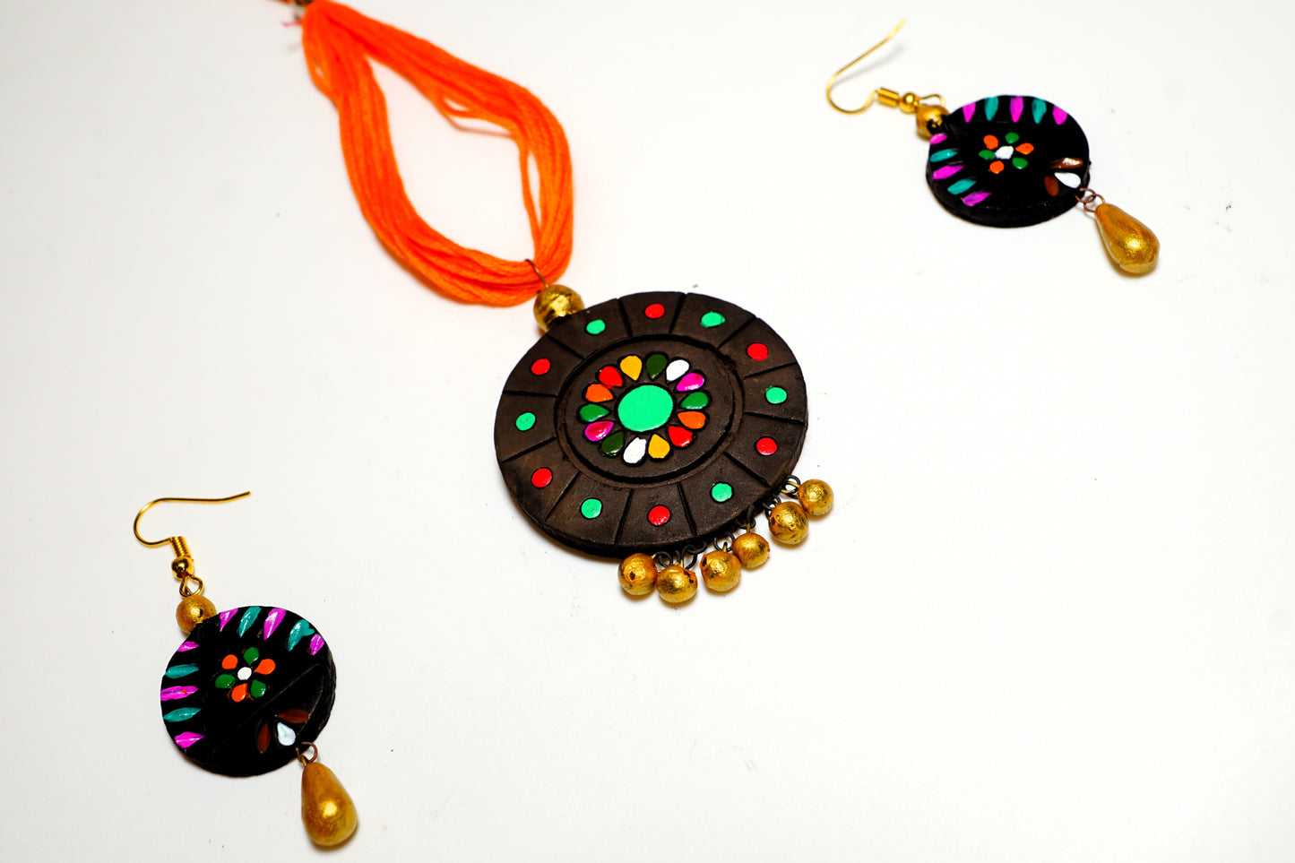 Terracotta Necklace Set with Earrings - Black round shaped Pendent Pattern#1