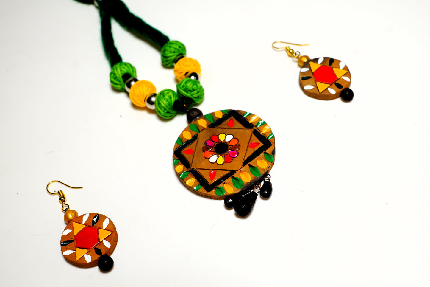 Terracotta Necklace Set with Earrings - Round shaped beige color Pendent , with flower #2)