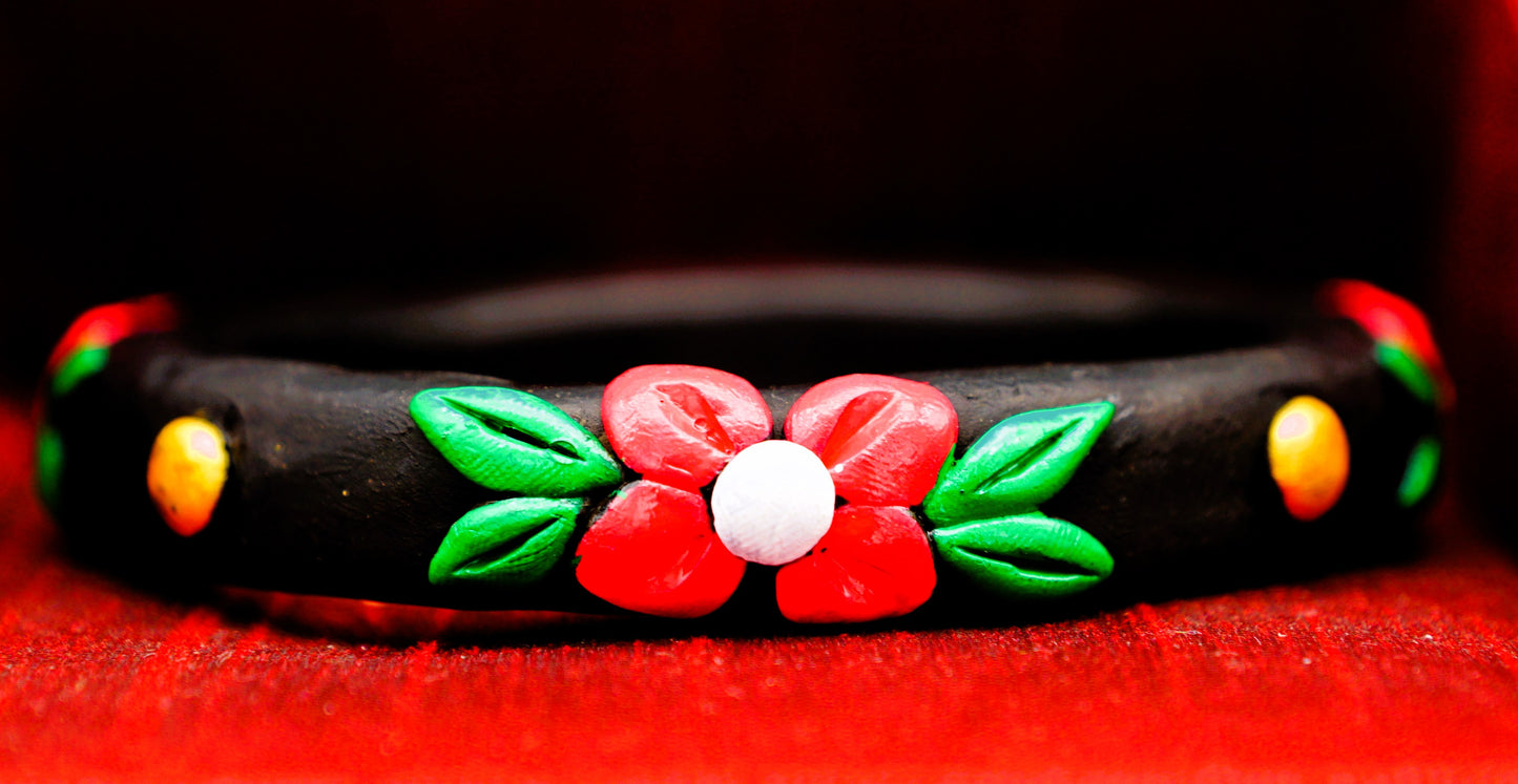 Handcrafted Terracotta Black Color Red Floral Bangle
