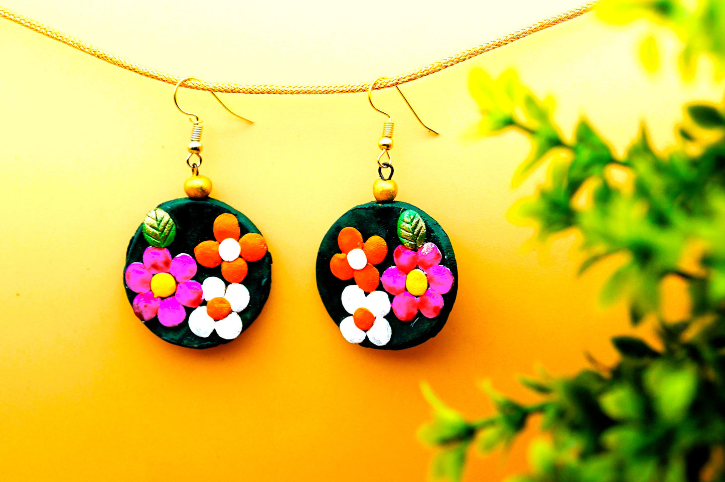 Terracotta Earrings - Pink Orange White Flowers