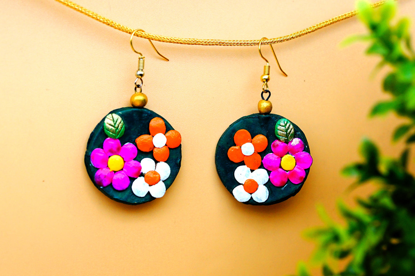 Terracotta Earrings - Pink Orange White Flowers