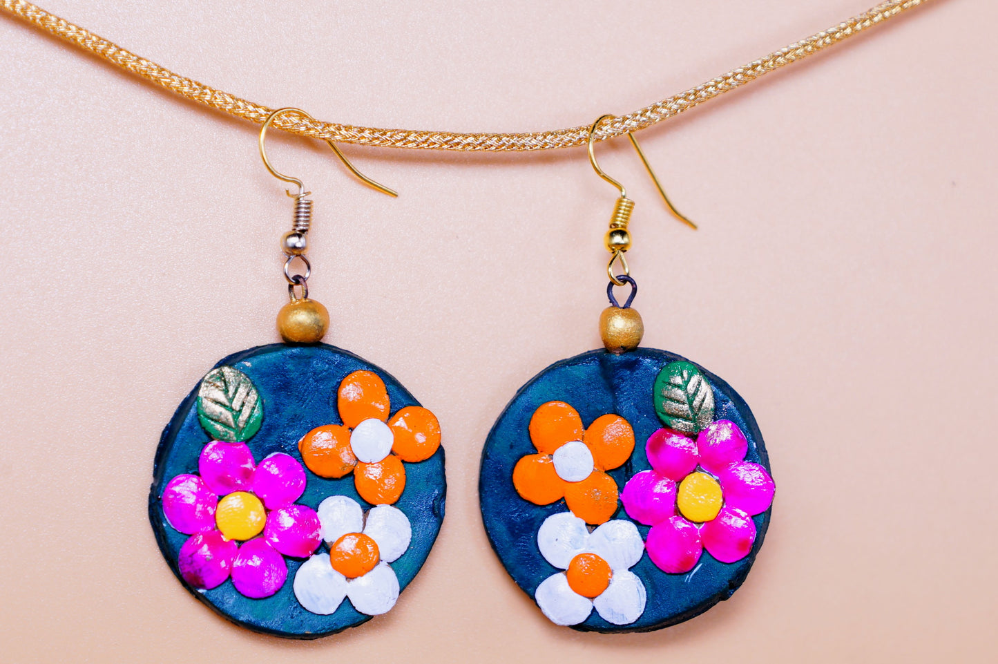 Terracotta Earrings - Pink Orange White Flowers