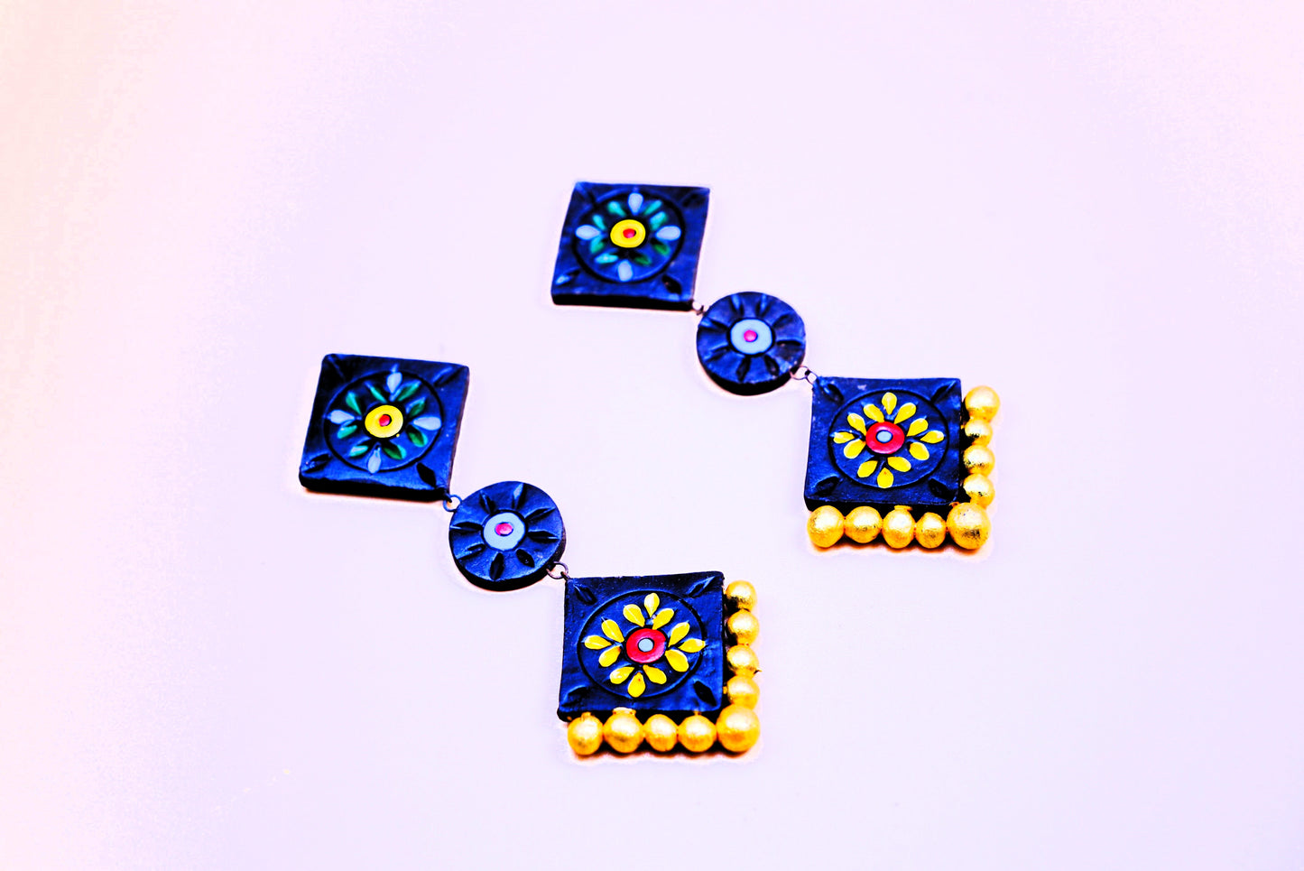 Terracotta Earrings - Blue Square and Round Golden Beads