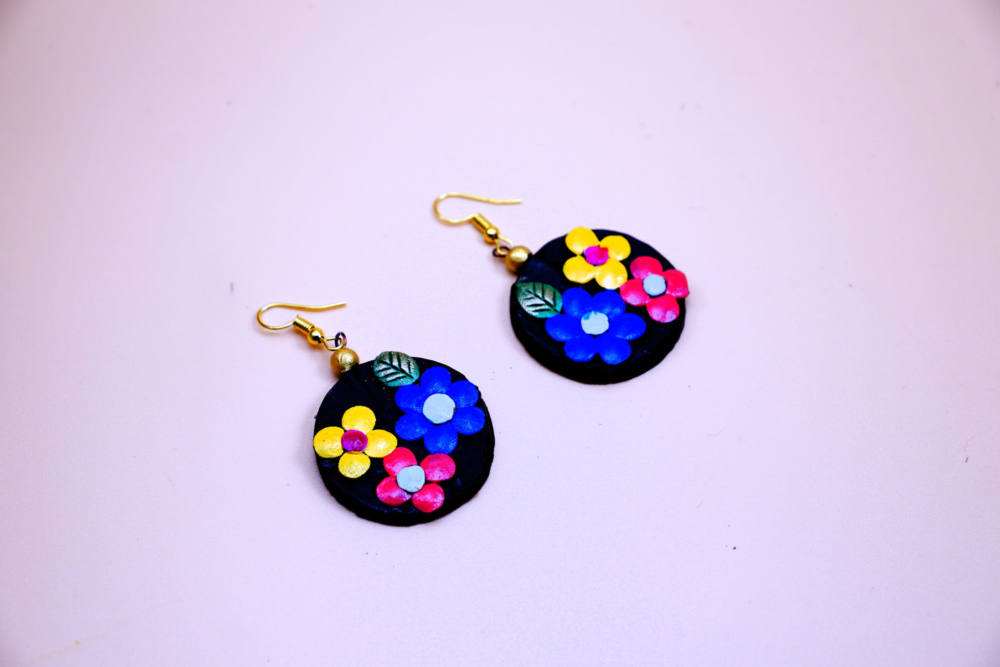 Terracotta Earrings - Round Pattern - Blue Yellow Pink