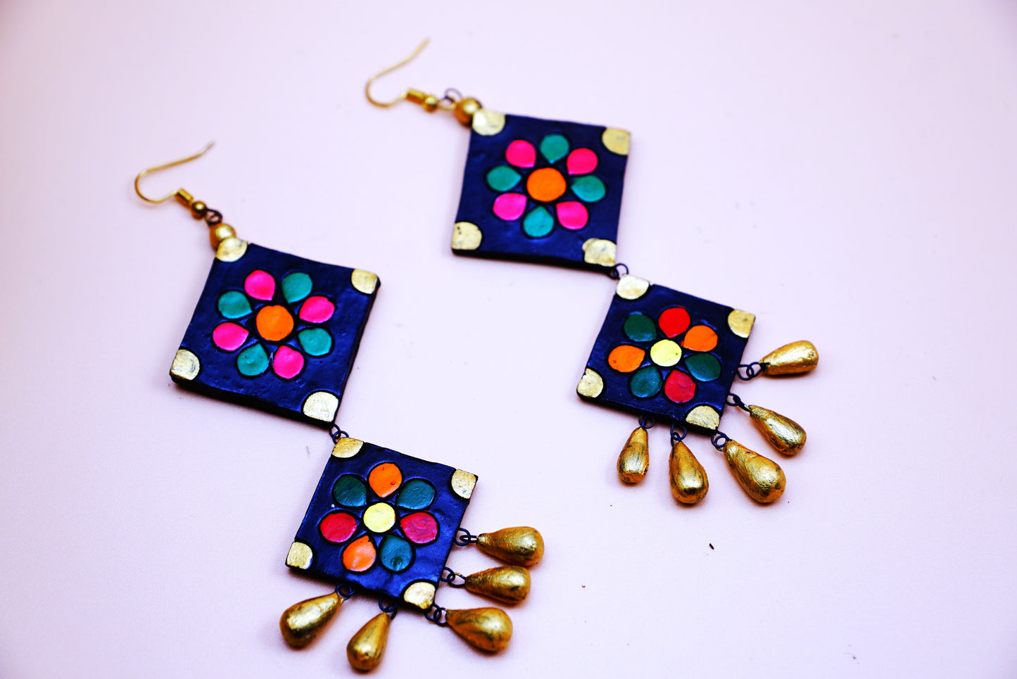 Terracotta Earrings - Blue & Pink Double Layered Square