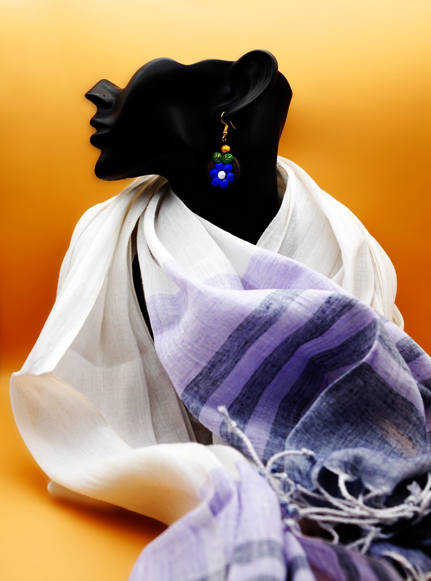 Hemp Scarf/stole with Tassels - White & Purple stripes