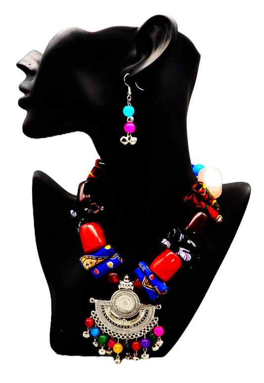 Sarvyova German Silver multi Color Fabric Base Fully Handcrafted Necklace and Ear Ring Set