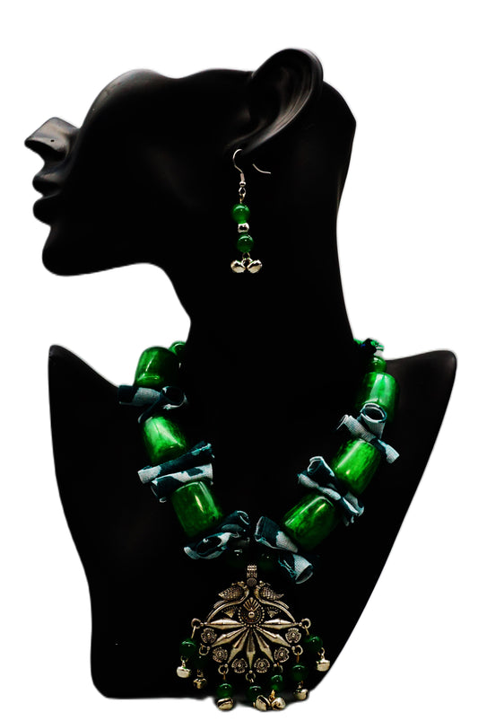 Sarvyova German Silver Green Color Fabric Base Fully Handcrafted Necklace and Ear Ring Set