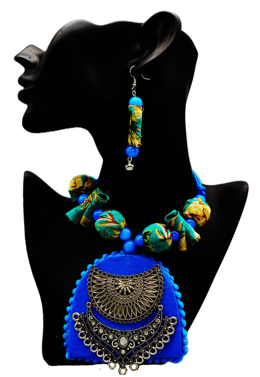 Sarvyova German Silver Blue color Fabric Base Fully Handcrafted Necklace and Ear Ring Set